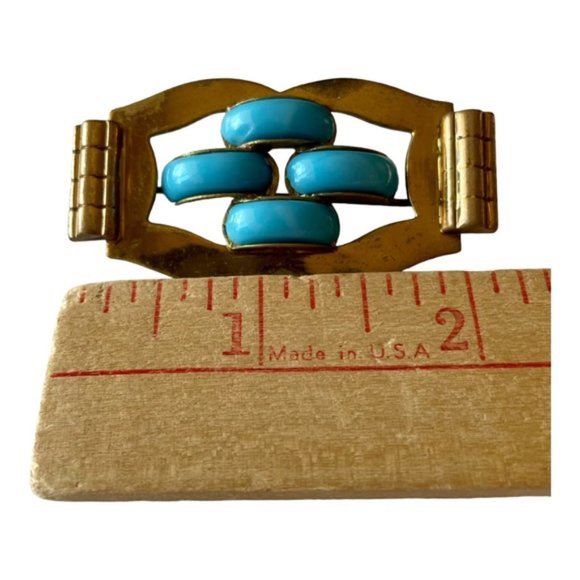 1930s Art Nouveau Gold Tone Geometric Pattern Metal with Turquoise Glass - Picture 3 of 8